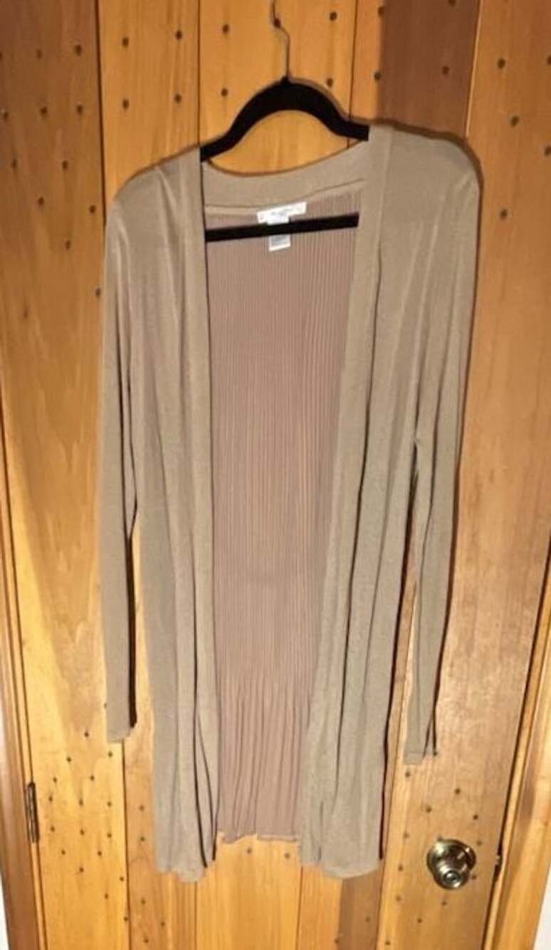 Mona Leah Couture Cardigan Size L Tan Gold Open Front Ribbed Pleated